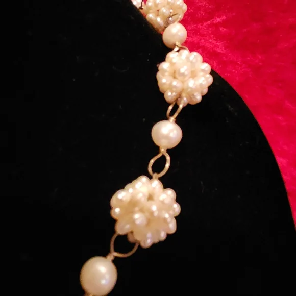 STERLING Faux Pearl Cluster Necklace and Drop Earrings Set - White